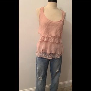 Pink lace shirt & Jeans.